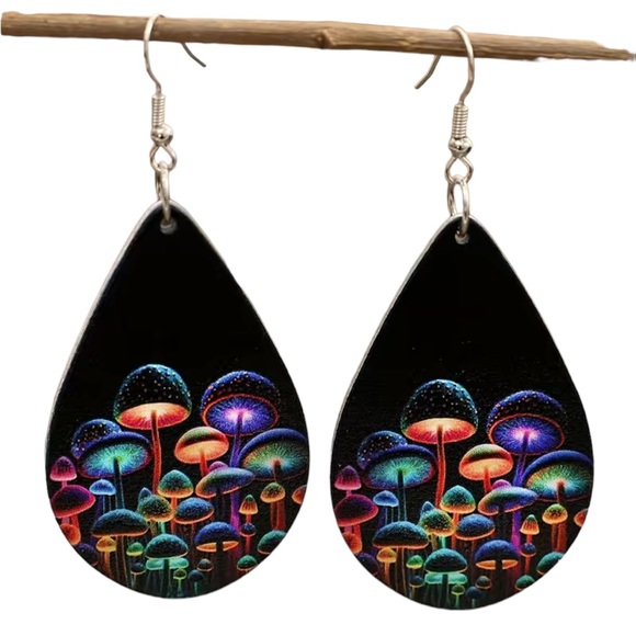Fluorescent Colorful Mushroom and Black Teardrop Leather Earrings - Picture 5 of 5